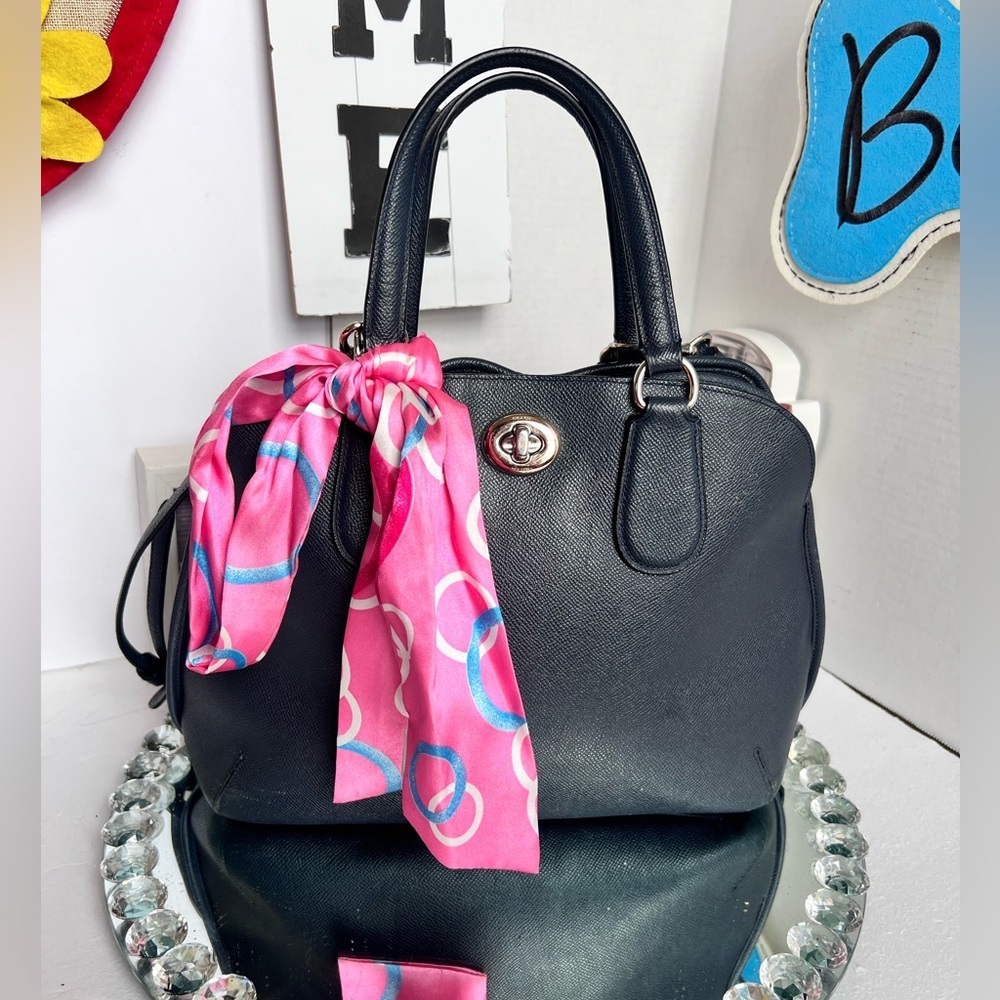 Coach blue grain leather Satchel with Pink Scarf Detail handbag or shoulder bag